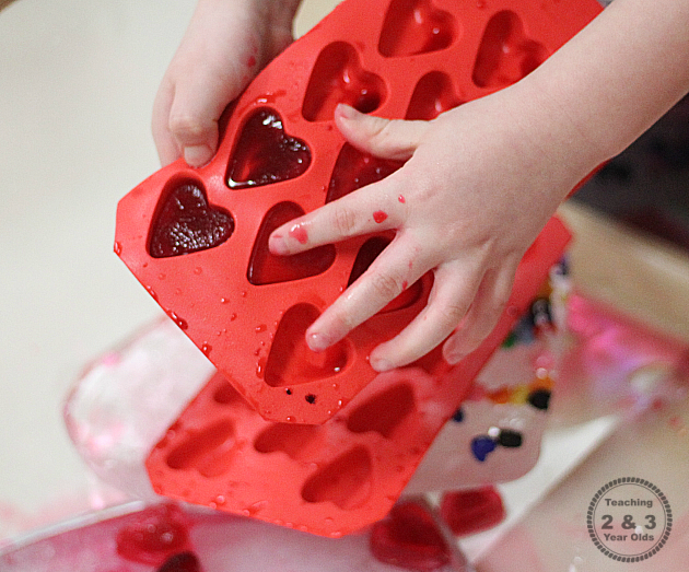 Valentines Sensory Bin with Frozen Hearts