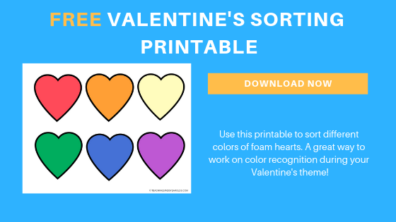 Free toddler preschool Valentine's color sorting printable