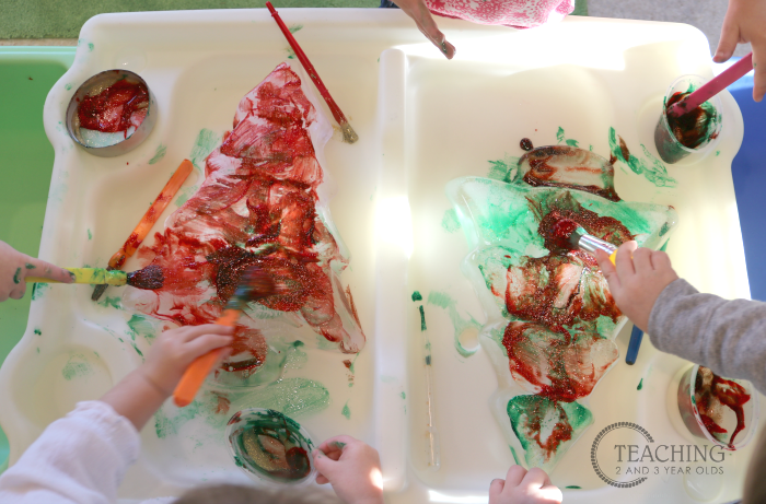 Toddler Christmas Tree Painting with Watercolors on Ice